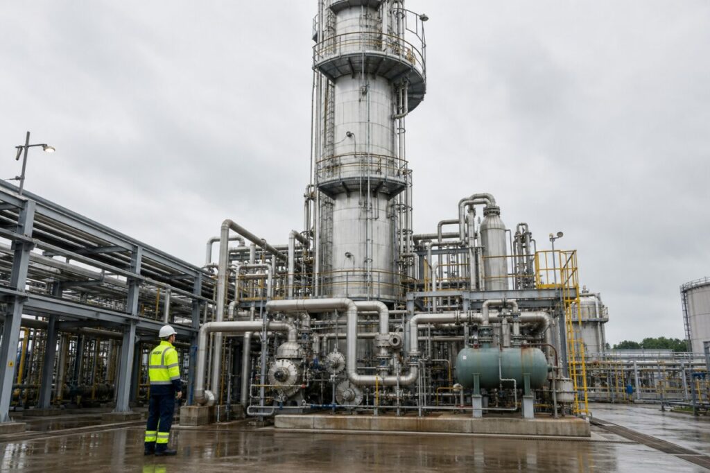 Füllkörperkolonne für CO₂-Abscheidung — Außenanlage mit Rohrleitungen und gelben Laufstegen