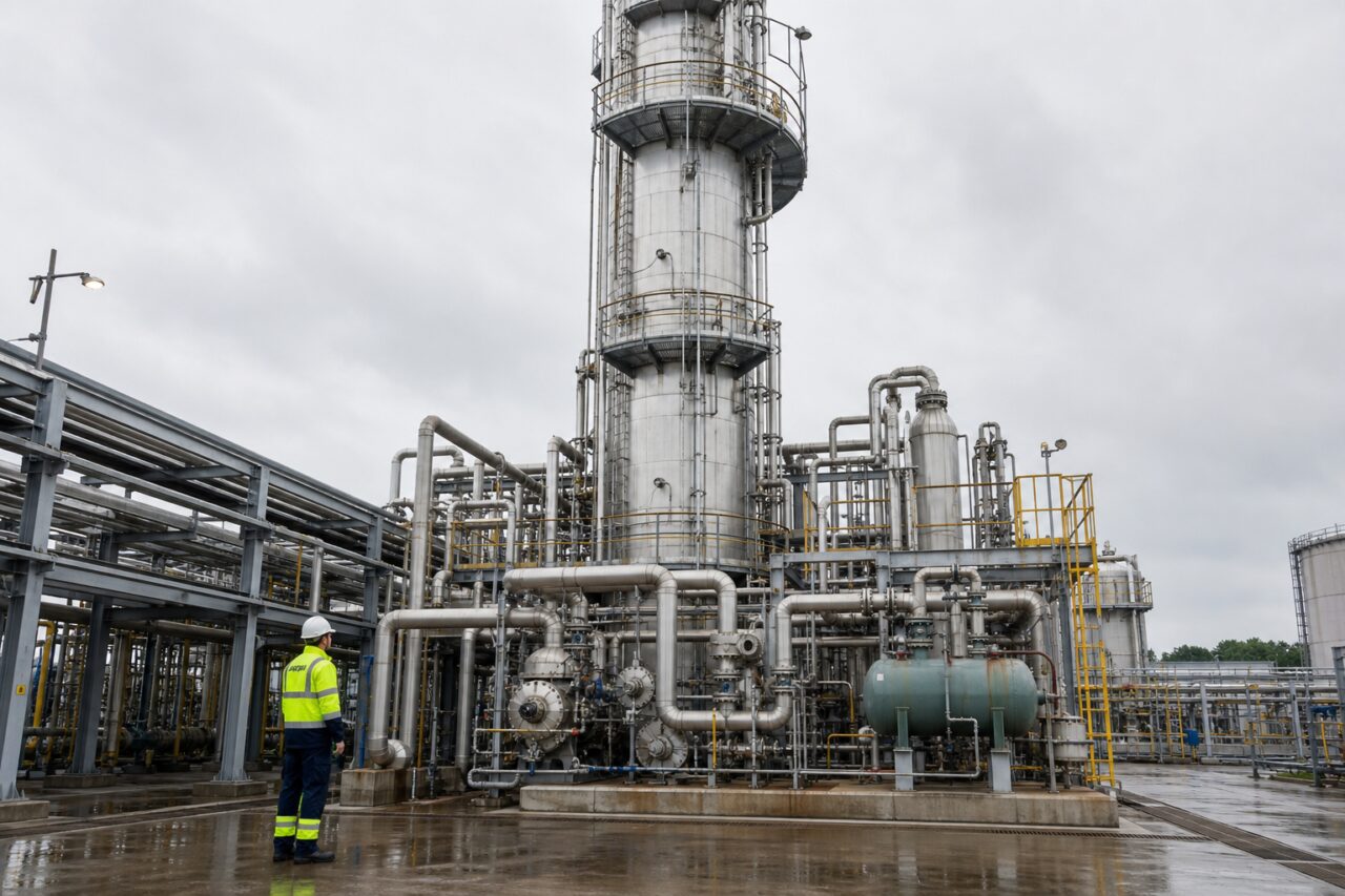 Coluna empacotada de captura de carbono — unidade exterior com tubagens e passadiços amarelos