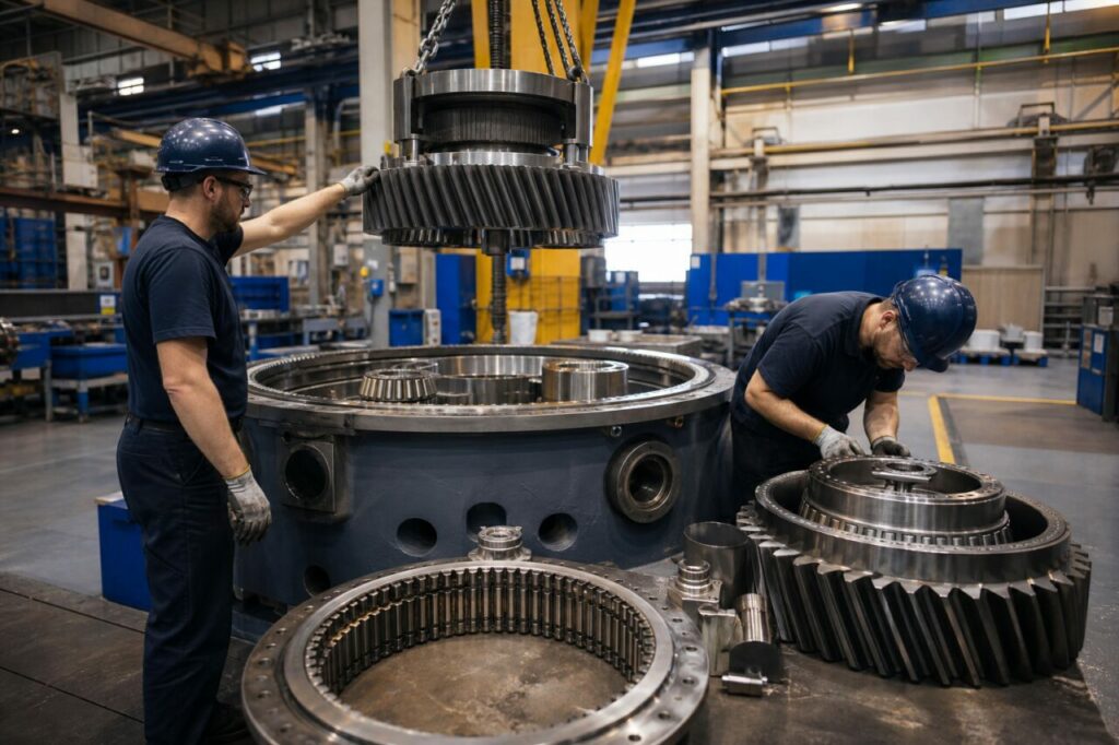 Plaatsing van het ringwiel voltooit de gemonteerde planetaire trap