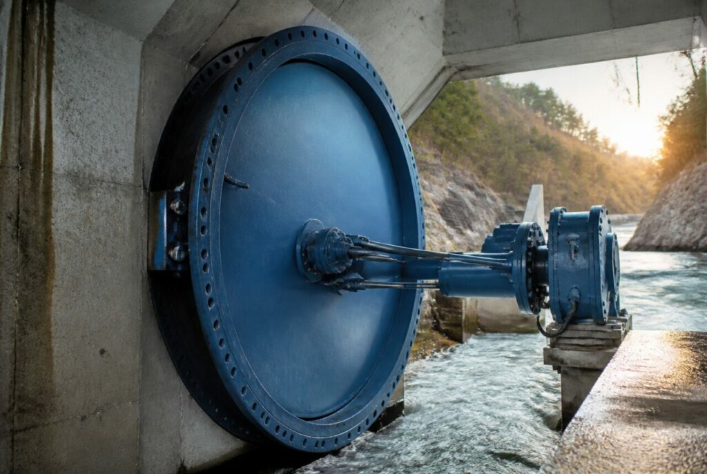 Actionneur bleu commandant l'arbre de la vanne hydraulique