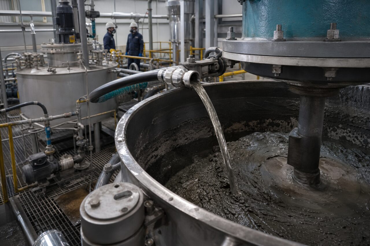 Gecontroleerde alkalische activatie van vliegas in een geroerde tank voor de productie van geopolymeren