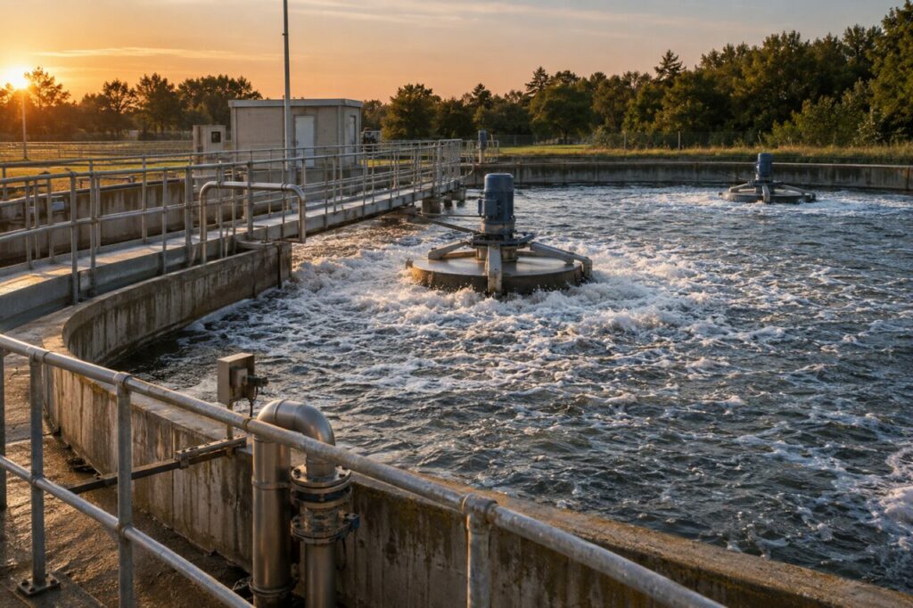 Aérateurs de surface brassant un bassin circulaire de station — aération par aérateurs de surface