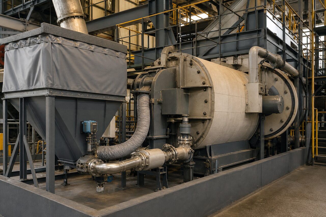 Hopper and large cylindrical drum