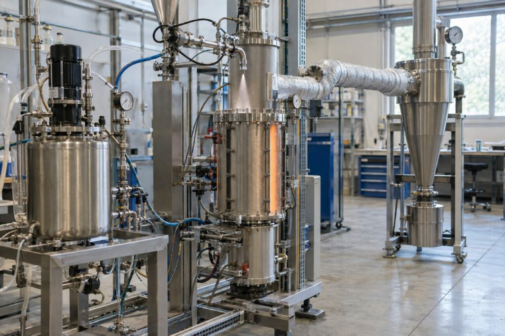 Liquid feed entering an industrial aerosol-pyrolysis reactor using spray pyrolysis