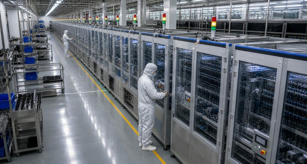celle cilindriche e impianti di una fabbrica di batterie — Linea delle celle