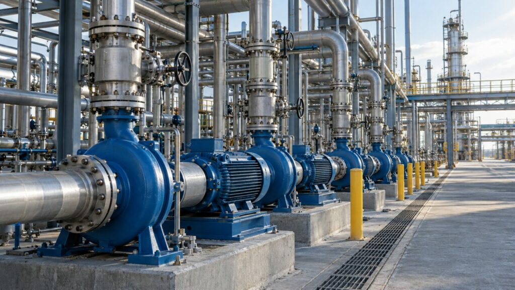 Blue centrifugal pump alley with refinery process pipework