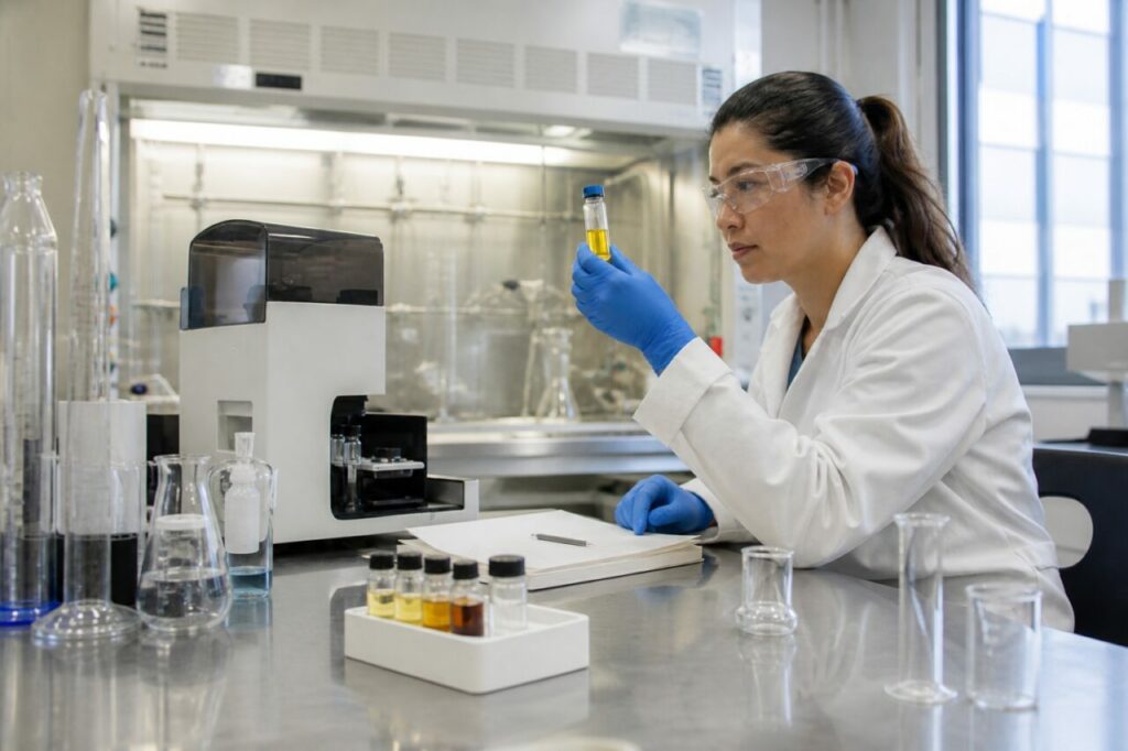 Analyse d’un échantillon ambré dans un laboratoire de raffinerie
