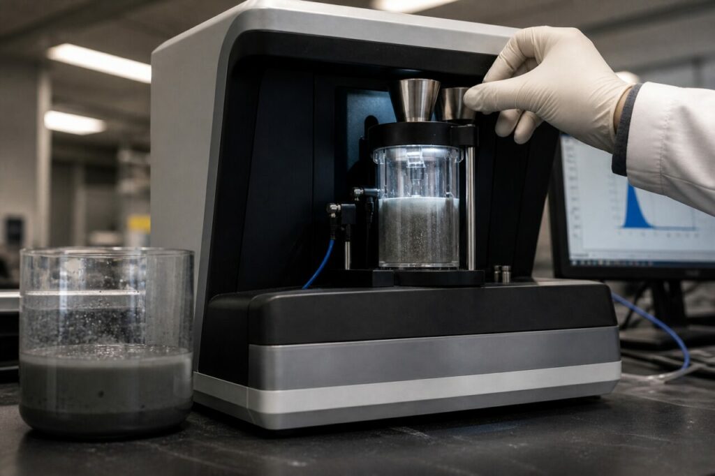 Laser powder analysis with suspension beaker and particle-size curve