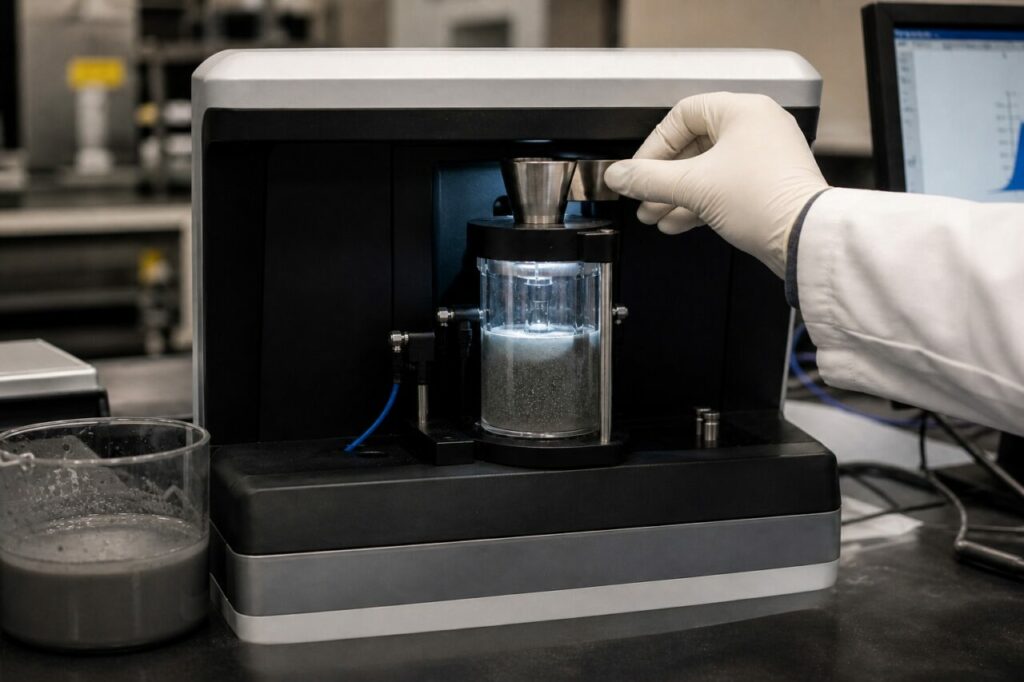 Metalen monsterbekertje boven een laseranalysator voor metaalpoeder