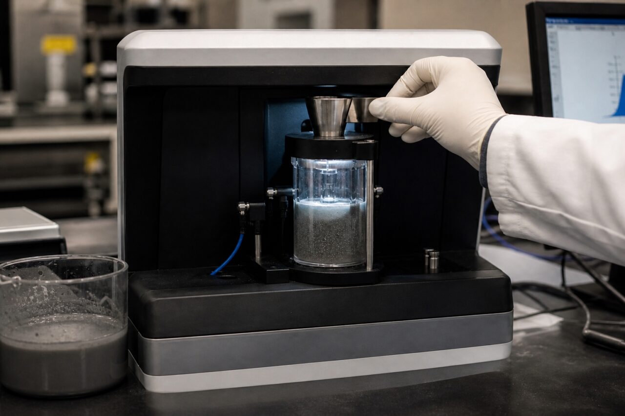 Coupelle métallique au-dessus d’un analyseur granulométrique laser de poudres