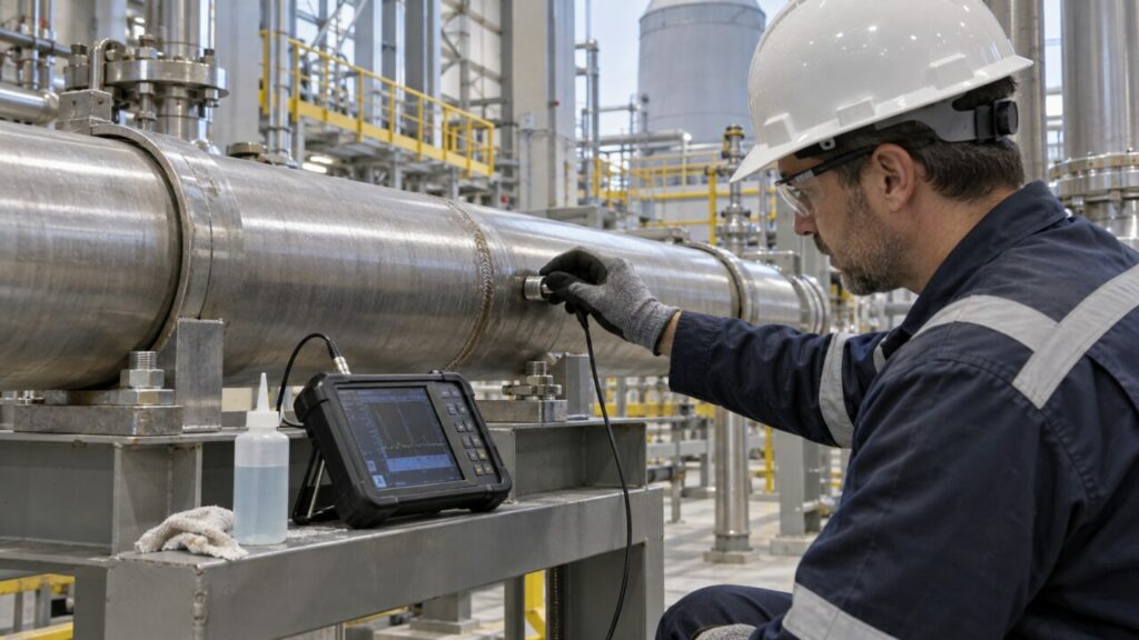 Appareil ultrasonore posé près d’une conduite en maintenance nucléaire