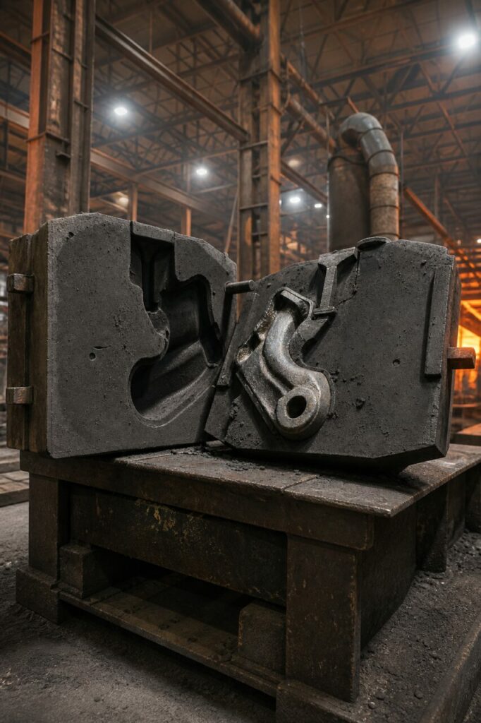 Erstarrtes Metall wird mit dem Öffnen der Sandform freigelegt