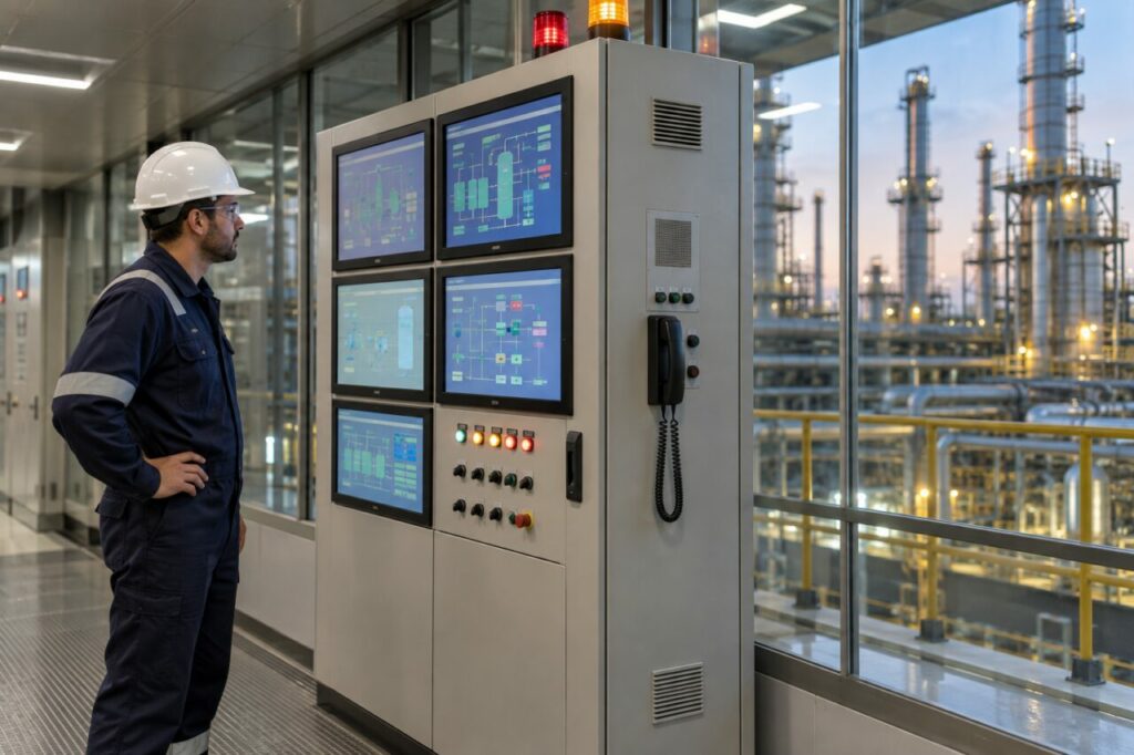 Armoire de contrôle de raffinerie avec technicien et voyants lumineux