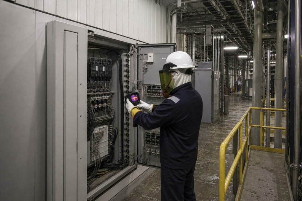Armoire électrique ouverte près des garde-corps jaunes du local — Thermographie préventive des armoires électriques de centrale