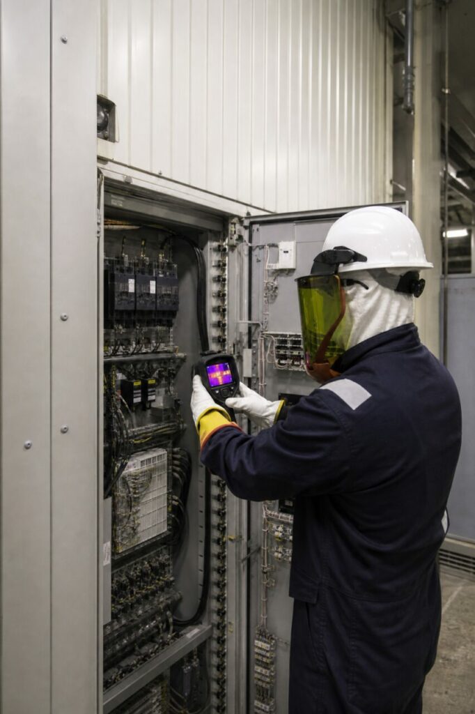 Armoire ouverte, disjoncteurs et écran thermique — Thermographie préventive des armoires électriques de centrale