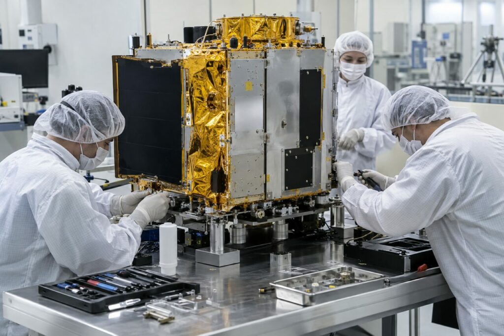 Assemblage en salle blanche d’un satellite de télécommunications sur établi inox