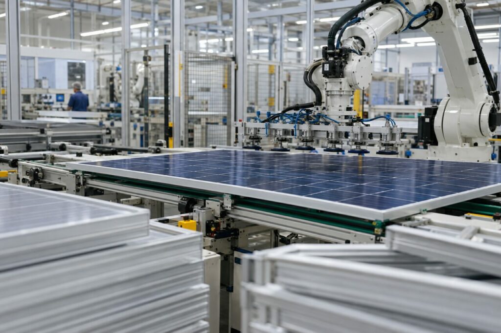 Assemblage industriel de modules photovoltaïques avec cellules bleues, plaque de verre et pinces robotisées