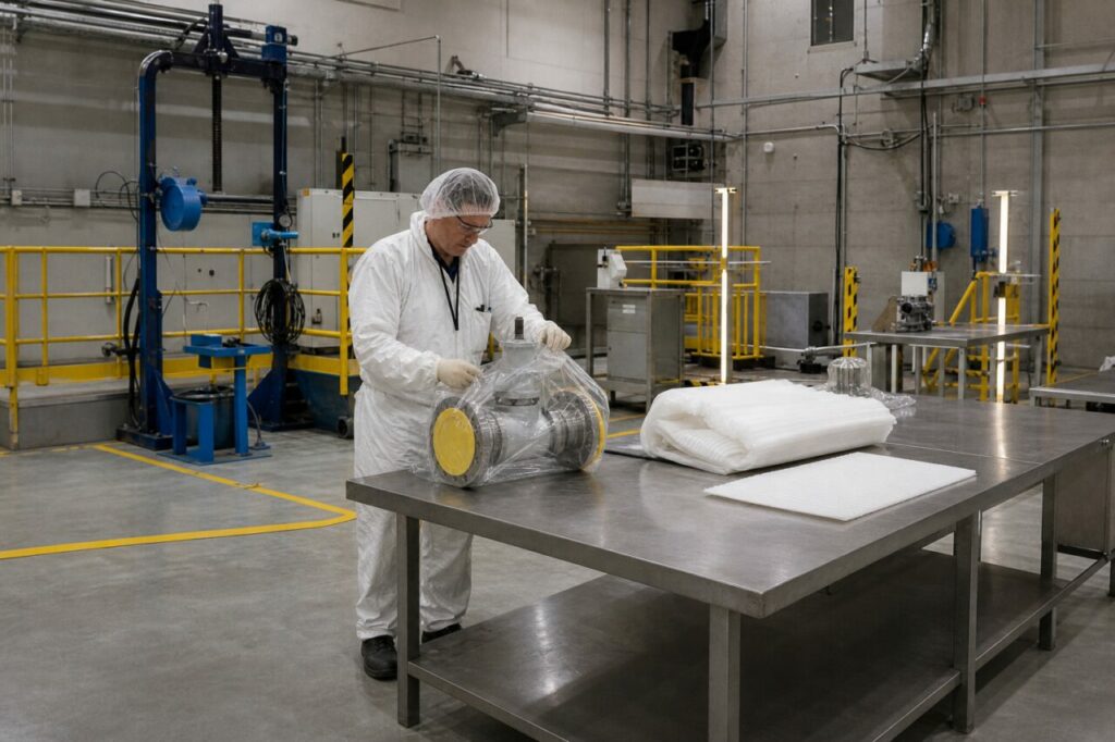 Atelier nucléaire préparant une vanne décontaminée sur table inox