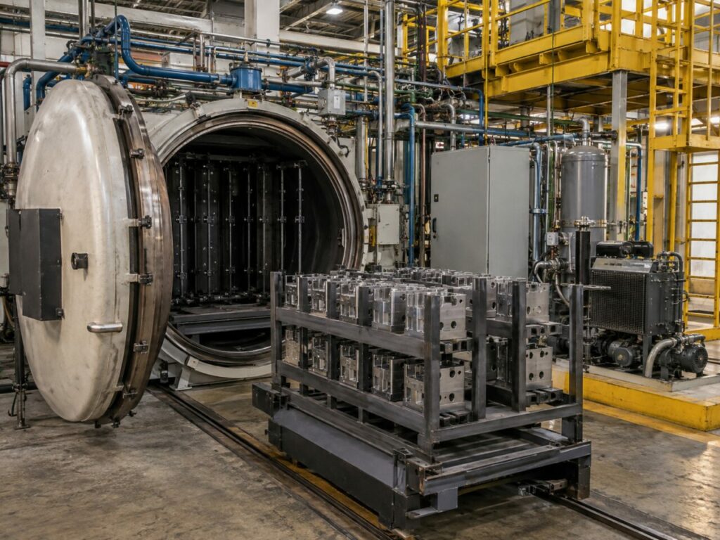 Atelier outillage — nitruration plasma d’inserts de moule en acier avec porte-charge perforé, porte de chambre circulaire, conduites azote-hydrogène et groupe de refroidissement