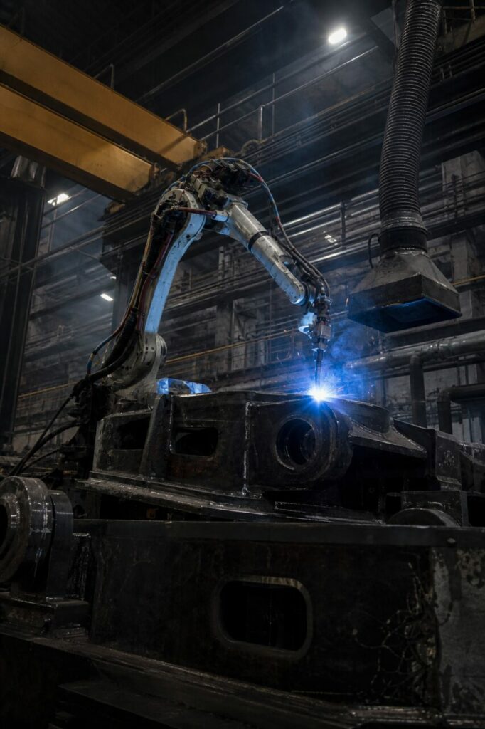 Am Bauteilrand folgt der Roboterschweißbrenner der Nahtlinie