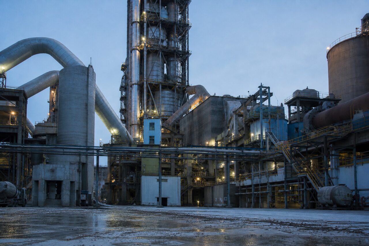 Mit Silos über den Produktionshallen — Zementwerk mit Drehrohrofen und Silos