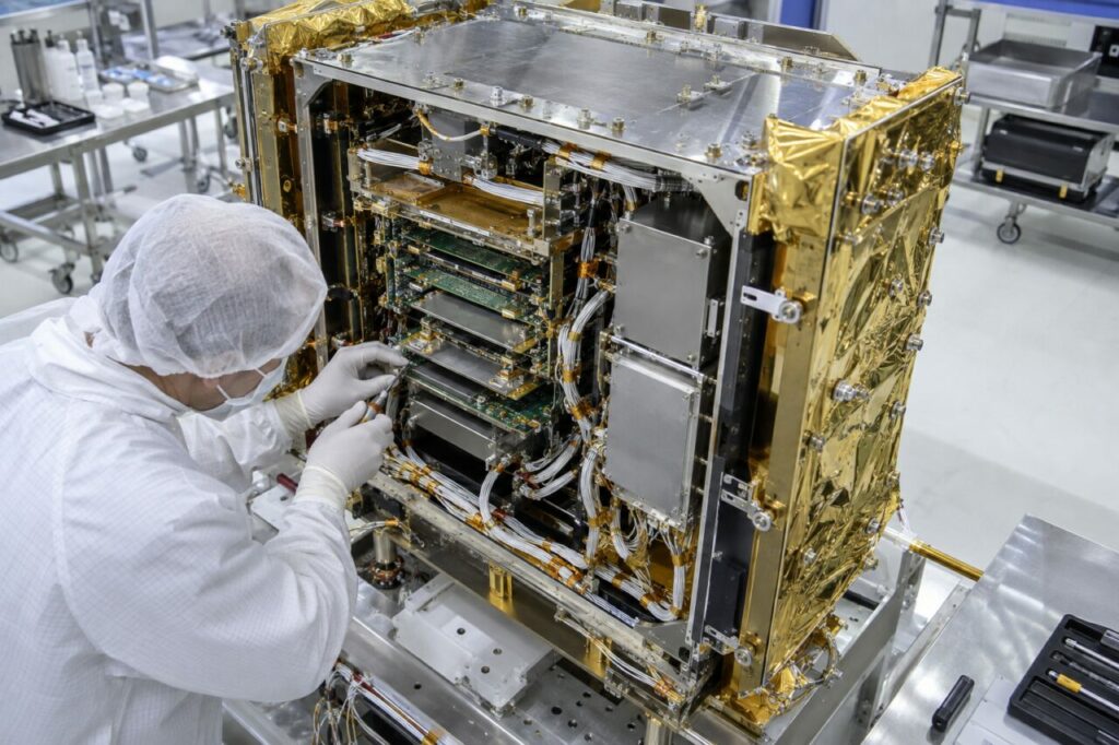 Baie électronique ouverte intégrée dans un satellite en salle blanche