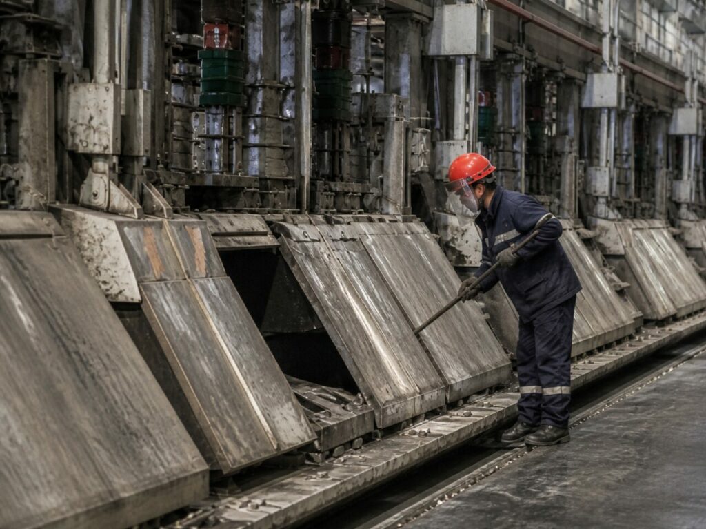 Bain d’aluminium dans la cuve — opérateur et électrolyse industrielle