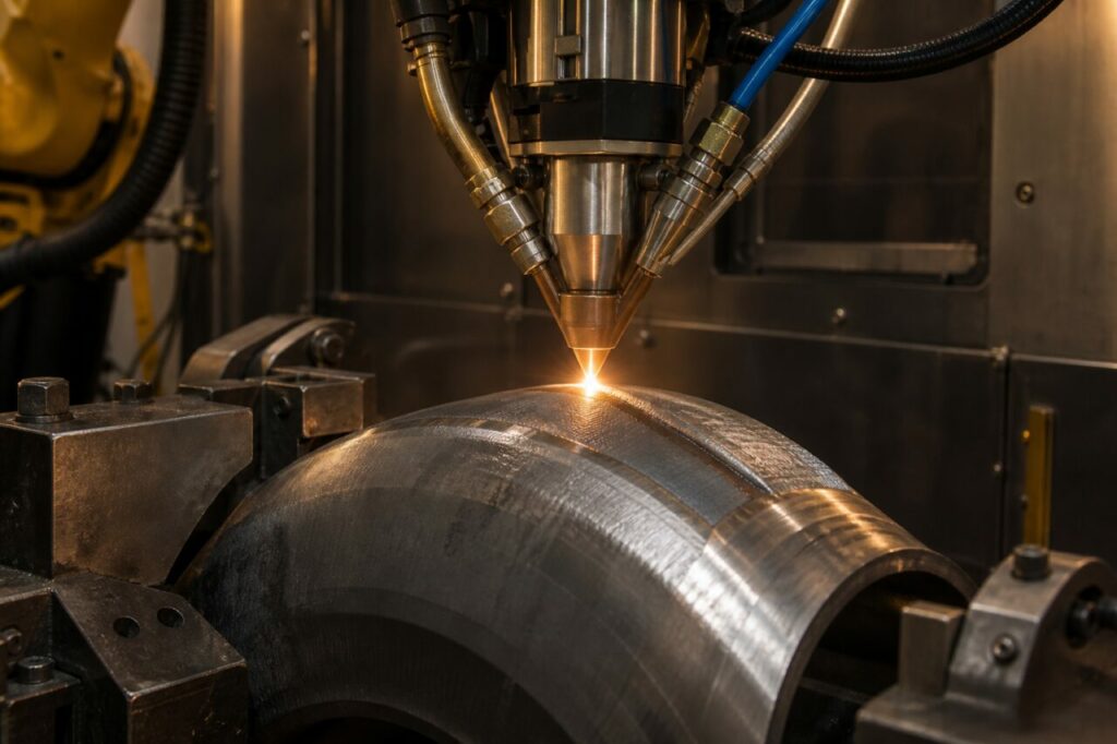 Laser melt pool on a curved steel component