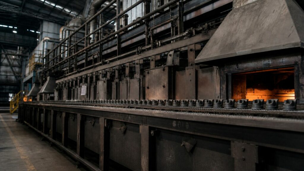 Sintering belt passing an open chamber inside the hall