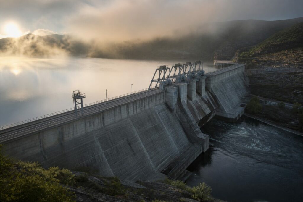 Barrage en béton fermant une vallée montagneuse sous la brume
