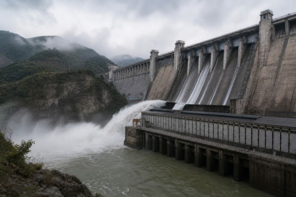 Barrage monumental dans une gorge libère un fort débit devant la centrale