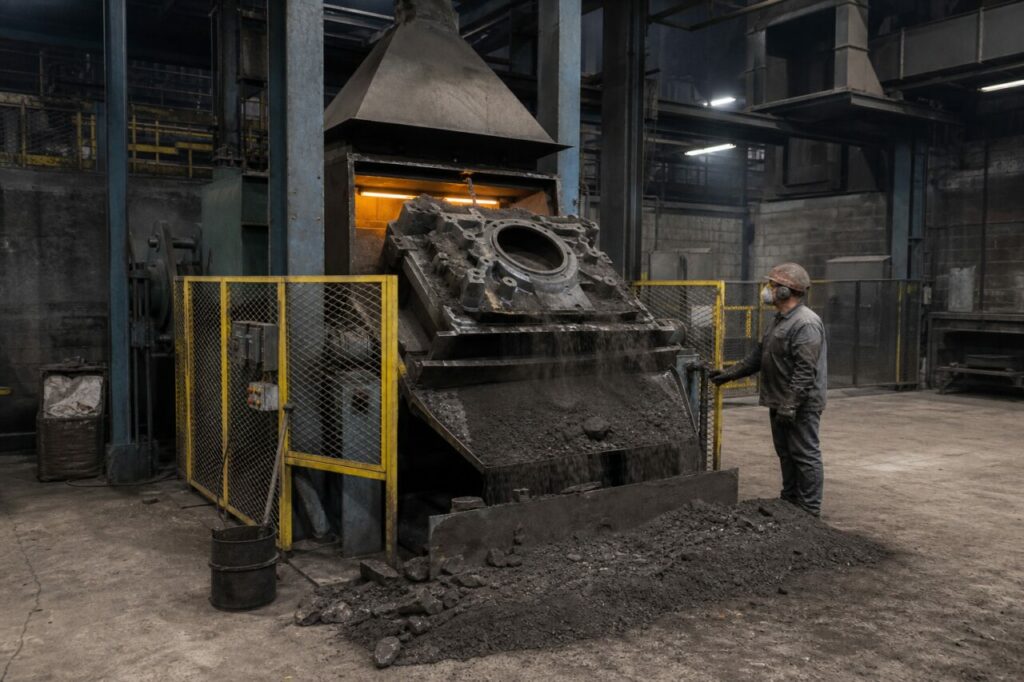 Sandbedecktes Gussteil kippt auf dem Ausschlagrost