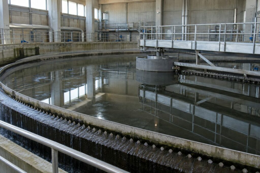 Clarificateur circulaire — un bassin clarificateur circulaire en béton avec pont racleur, rails inoxydables, passerelle et conduites dans une station d’épuration municipale