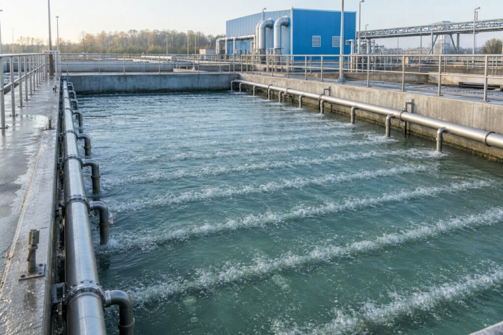 Bassin municipal à bulles fines et collecteurs d’air inoxydables — aération aux diffuseurs fins