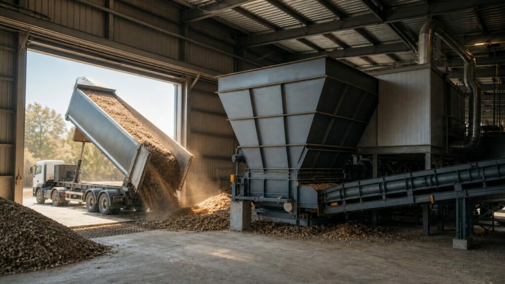 Benne basculée déversant des plaquettes dans la fosse