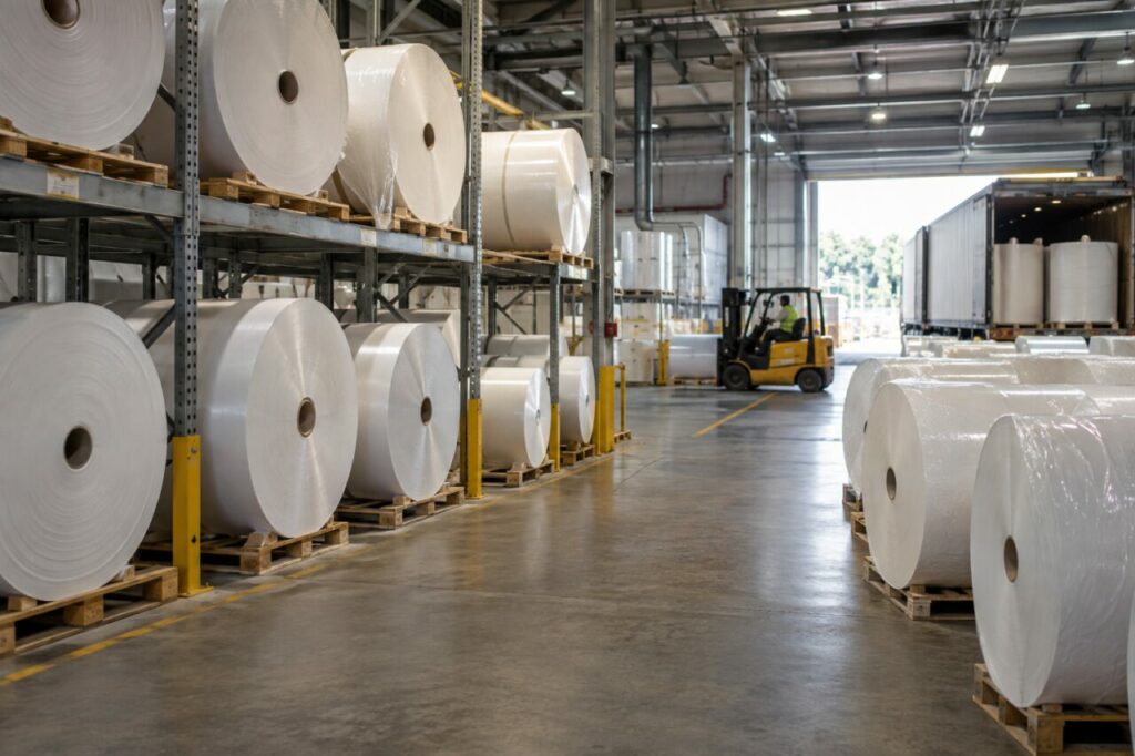 Bobines de papier fini sur palettes dans la zone logistique de la papeterie