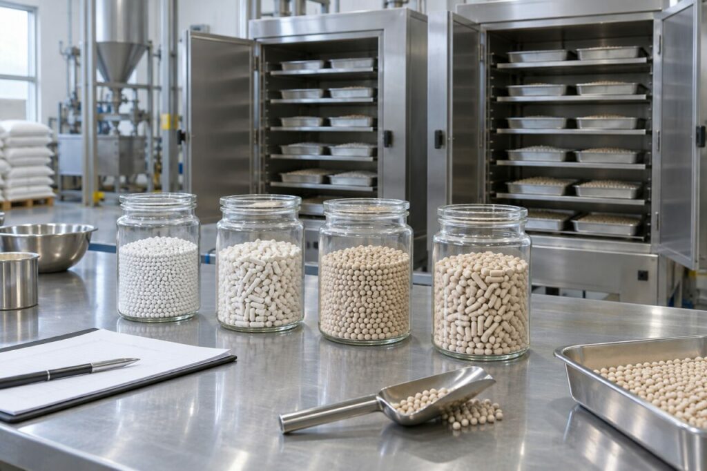 Transparent jars of zeolite pellets arranged for molecular sieve quality control