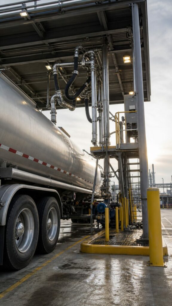 Articulated arm loading a fuel-terminal road tanker