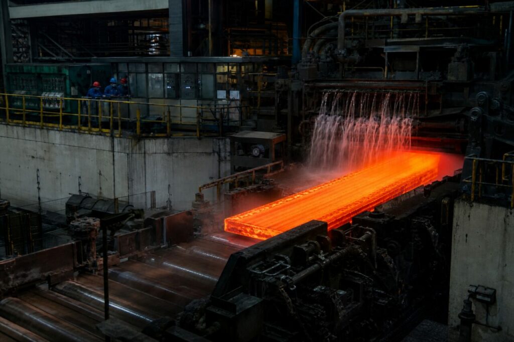 Bramma incandescente esce dal laminatoio durante il raffreddamento ad acqua
