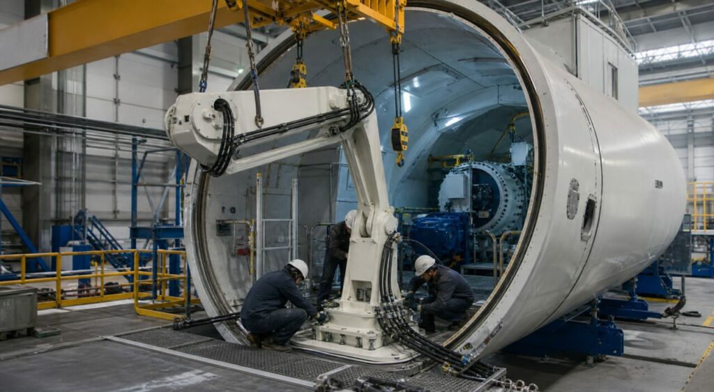 Weißer Ausleger und Winde bilden den in der Gondel montierten Servicekran