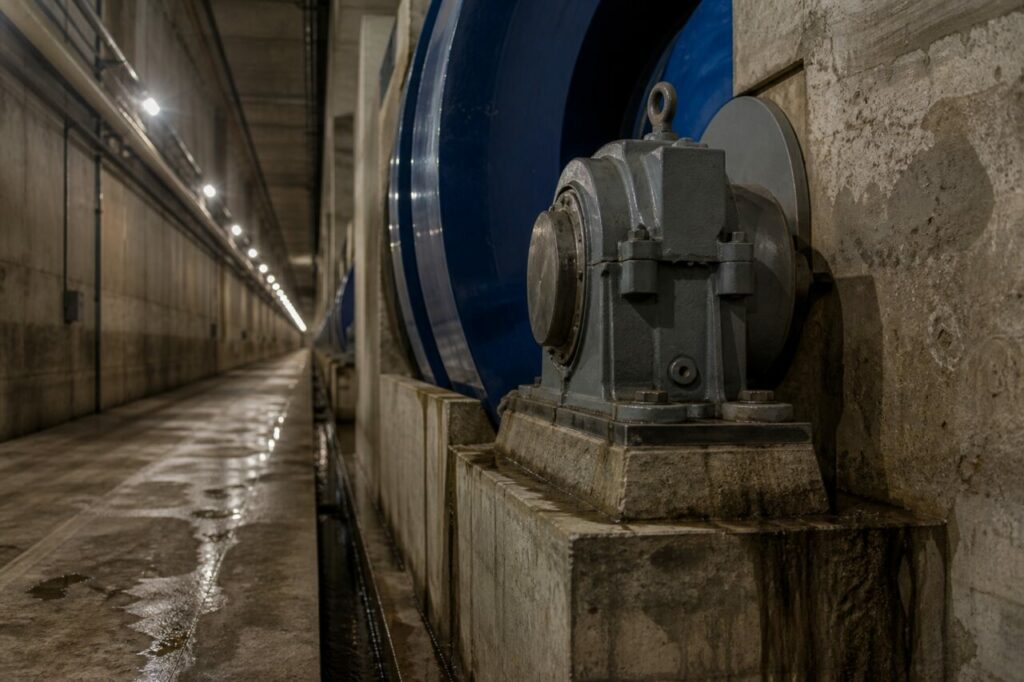 Bride bleu foncé et actionneur mécanique — Barrage hydroélectrique et galerie d’inspection