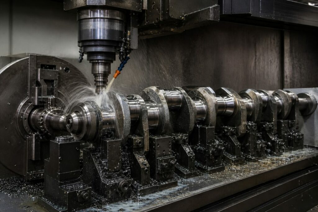 CNC crankshaft milling center — Milling spindle and multiple supports on a steel crankshaft under coolant