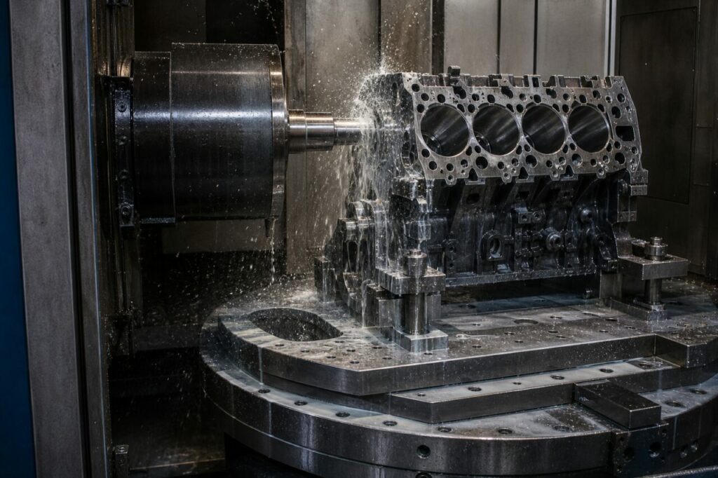 Horizontal spindle and engine-block bores on a CNC rotary pallet