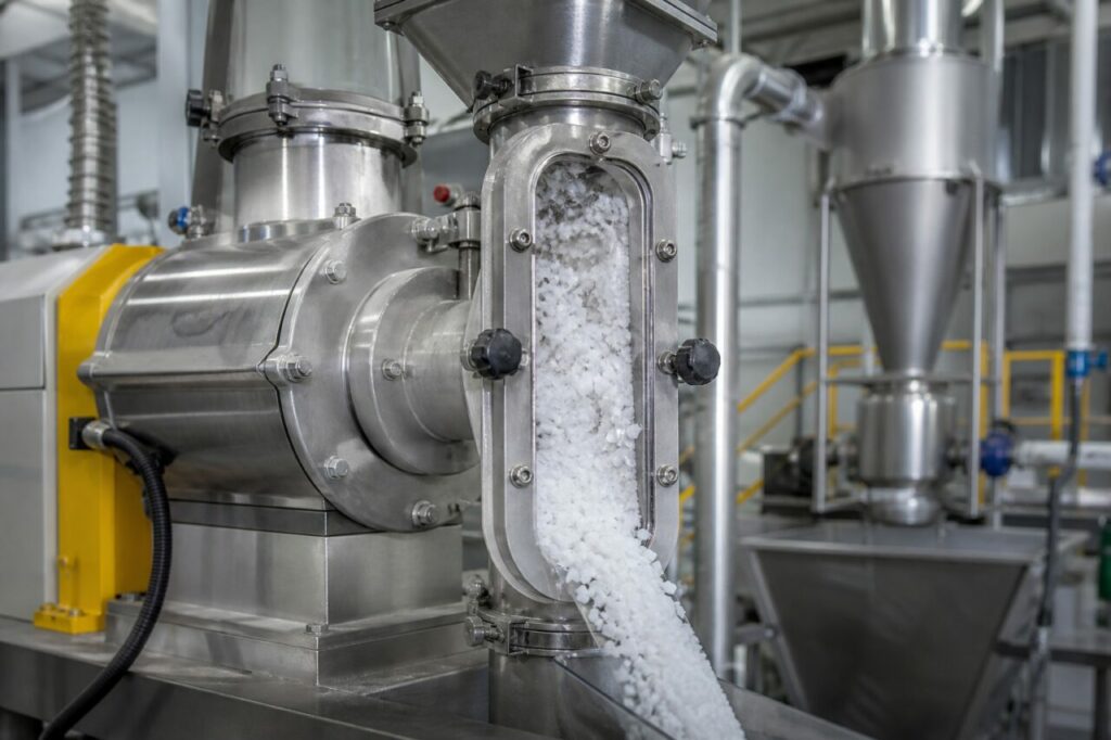 Milling and granulation of dry superabsorbent SAP polymer in a guarded stainless-steel industrial mill