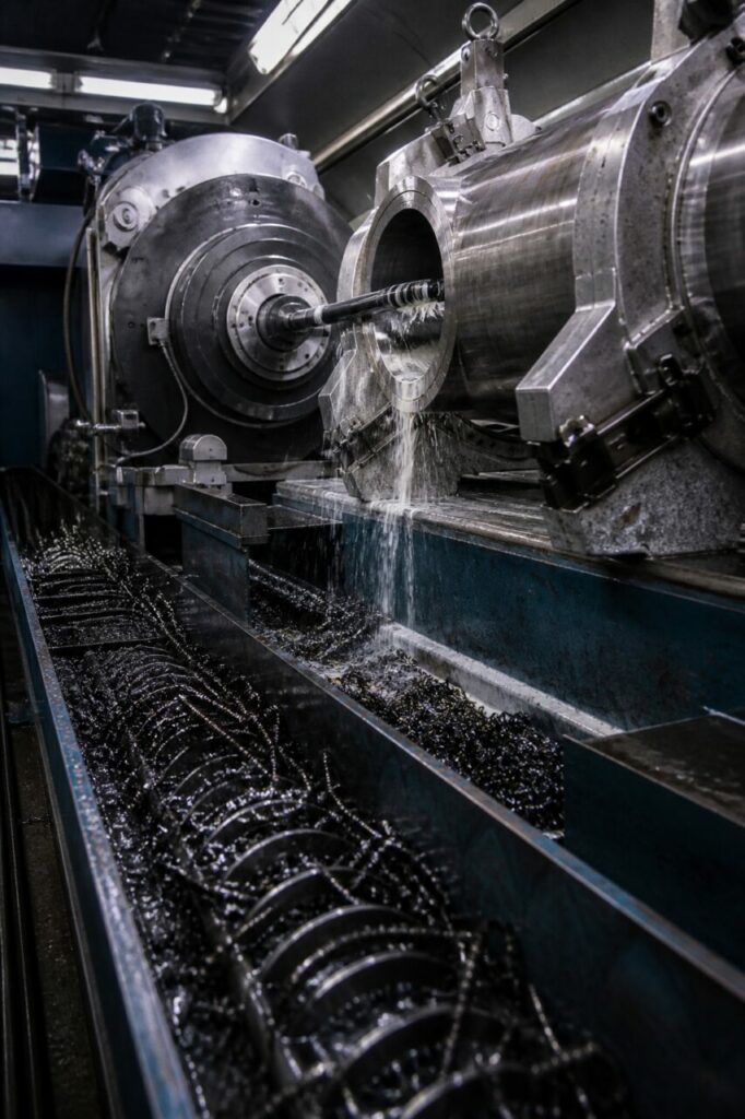 Deep-hole CNC drilling machine working on an oil-drilling body — Vertical framing toward the spindle, bore and chip conveyor