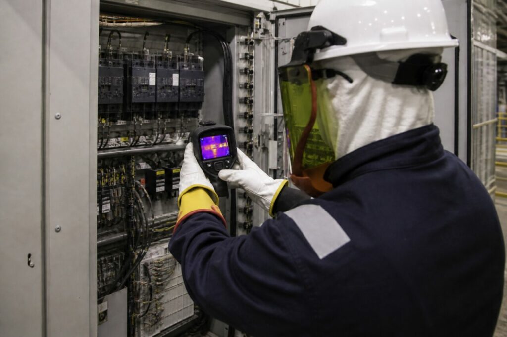 Caméra thermique devant les disjoncteurs noirs — Thermographie préventive des armoires électriques de centrale