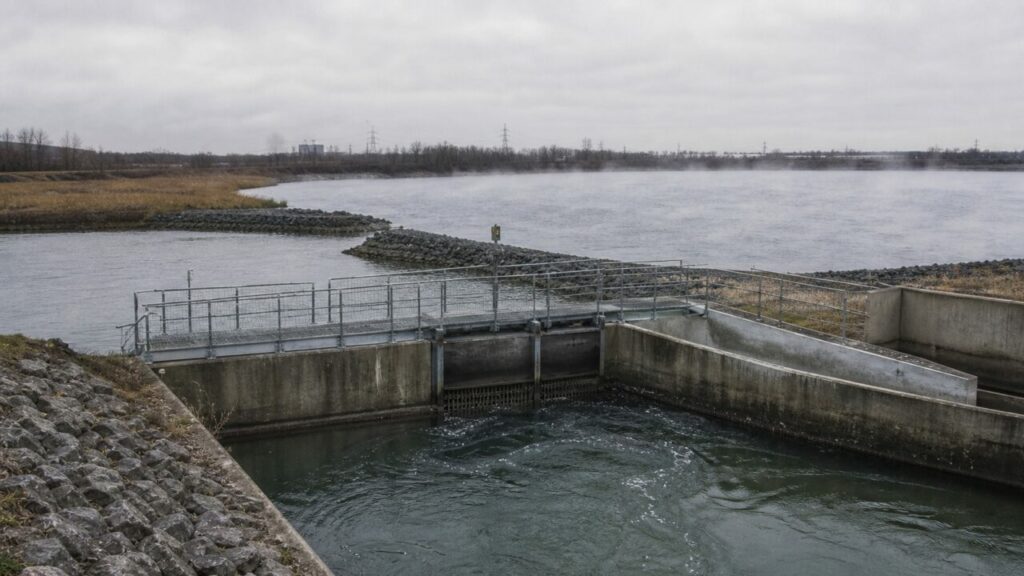 Canal de refroidissement rejoignant un bassin ouvert