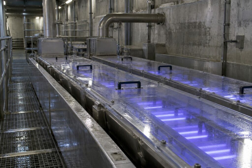 Canaux inoxydables couverts de lampes UV dans une galerie de désinfection