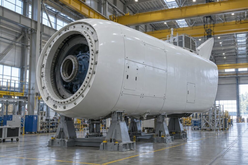Carcassa di turbina industriale sotto un carroponte