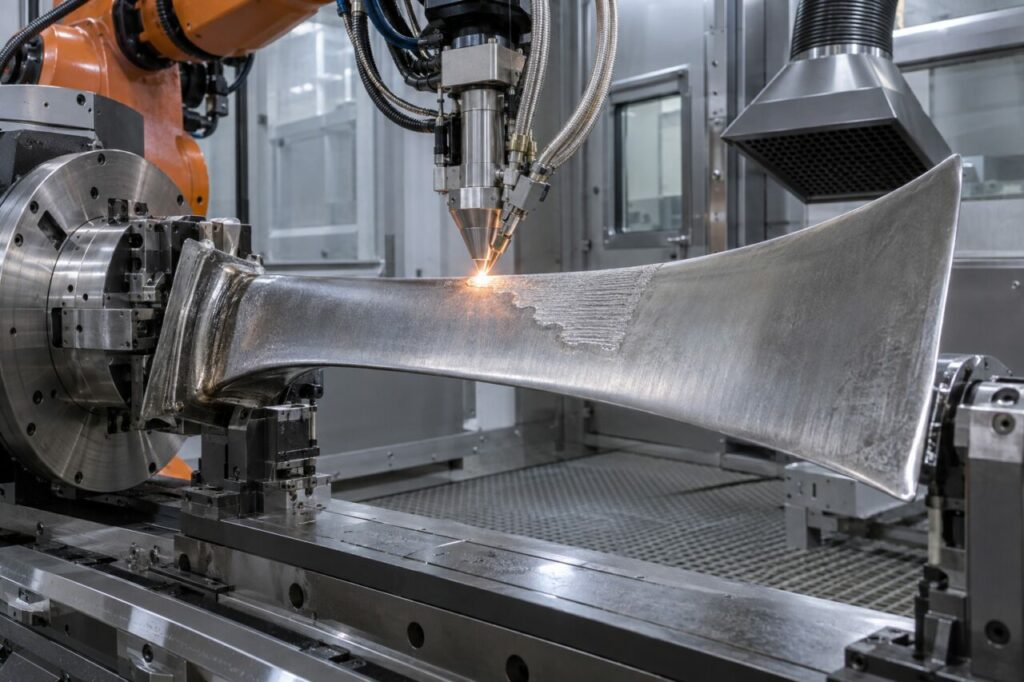Robotic laser cell repairing a turbine blade